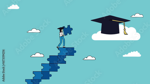 high education, success step to achieve higher education, cost to graduate high degree education, the way to achieve high education, people making ladder from puzzle going to graduation cap
