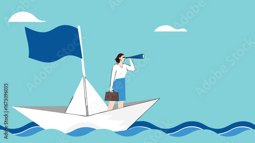Successful business woman sailing on a sea in a pirate ship
