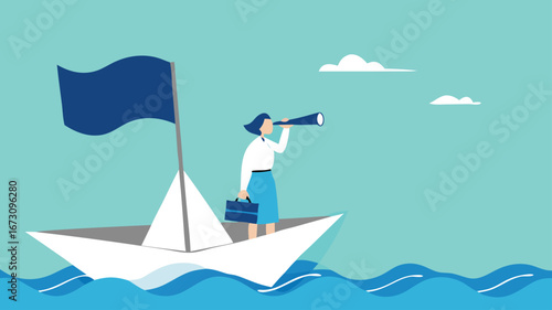 Successful business woman sailing on a sea in a pirate ship