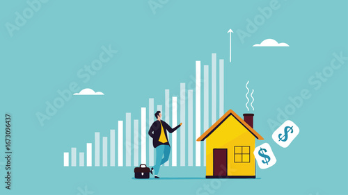 house investment, real estate price growth or mortgage calculation chart, buy or rent house decision, Housing price rising up, smart businessman property expertise presenting house pricing graph
