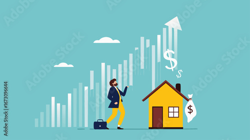 house investment, real estate price growth or mortgage calculation chart, buy or rent house decision, Housing price rising up, smart businessman property expertise presenting house pricing graph
