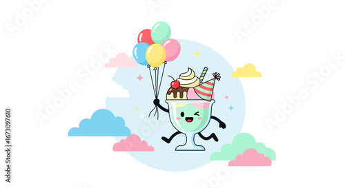 Joyful Ice Cream Sundae Celebrating With Balloons Against a Pastel Sky Backdrop