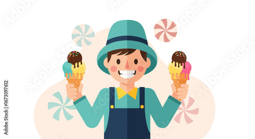 Joyful Ice Cream Vendor Presenting Two Delicious Cones With Confectionery Decorations