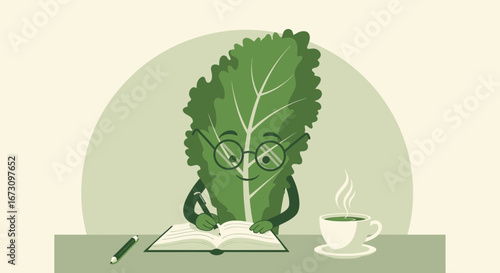 Leafy Author With Glasses Writing in A Book While Drinking Coffee