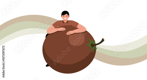 Joyful Individual Embracing Giant Fruit, Abstract Illustration on a White Background