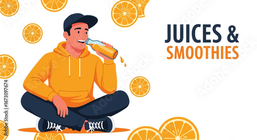 Joyful Individual Drinking Fresh Orange Juice, Promoting Healthy Beverages and Nutritional Options