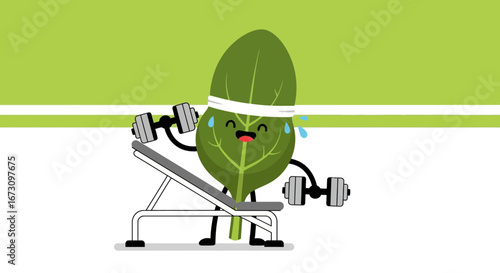 Leafy Character Bench Pressing Weights Showing Healthy Lifestyle On Green Background