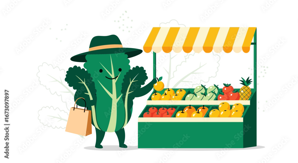 Obraz premium Leafy Character Shopping For Fresh Produce At A Vibrant Farmers Market Stall Art