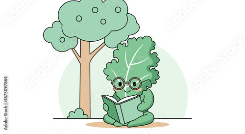 Leafy Character Reading A Book Under A Shady Tree in Peaceful Illustration