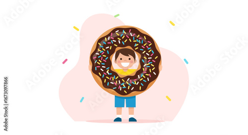 Joyful Kid Holding Delicious Donut With Colorful Sprinkles Concept Illustration