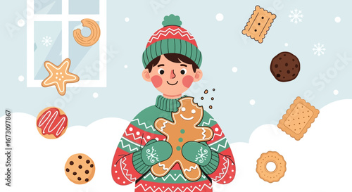 Joyful Kid In Winter Outfit Holding Gingerbread And Enjoying Festive Cookies
