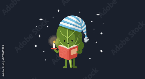 Leafy Character Reading Book Under starry Night Sky With Candle Light