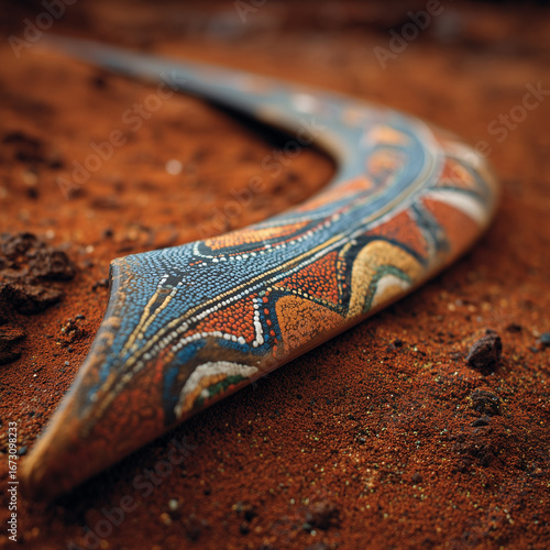 Painted Indigenous boomerang.