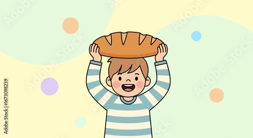 Joyful Little Person Holding Fresh Loaf of Bread Above Their Head with Vibrant Background