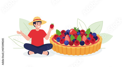 Joyful Man Enjoying Delicious Fruit Tart with Fresh Berries in an Elegant Illustration