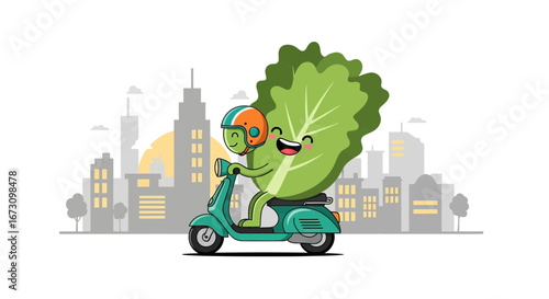 Leafy Green Ride: A Cheerful Lettuce Delivering Freshness on a Scooter Through the City