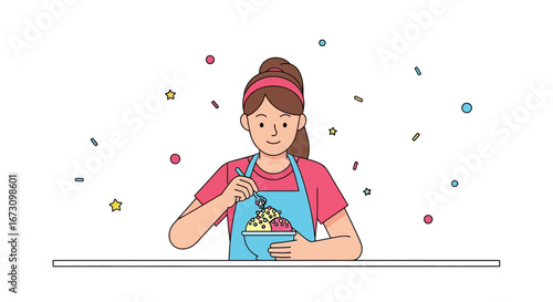 Joyful Person Crafting a Colorful Dessert, Demonstrating Culinary Dexterity, Enjoying a Sweet Treat