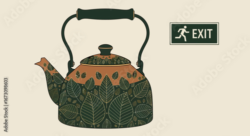 Leafy Teapot Illustration With Exit Sign, Evoking Calm Moments And Peaceful Retreat