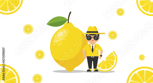 Lemon Detective Stands Guard Beside Giant Fruit With Slices Scatter Across White Background