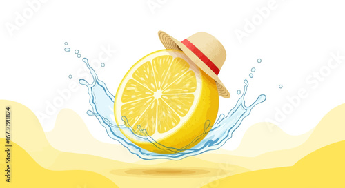 Lemon Slice Enjoys Summer Vacation With A Straw Hat And Refreshing Water Splash