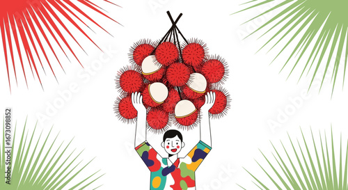 Joyful Person Presents Rambustans Amidst Decorative Palms In Exuberant Celebration