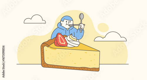 Joyful Person Relishing a Slice of Creamy Dessert with Whipped Cream and Strawberry