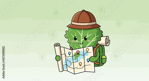Lettuce Adventurer Explores Map with Enthusiasm and a Brown Hat on Green Background