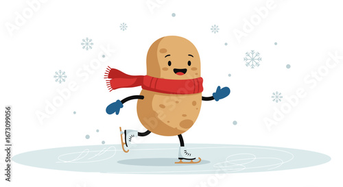 Joyful Potato Cartoon Characters Skating on Icy Surface in Winter Scene Animation