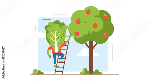Lettuce Character Climbing Ladder To Harvest Appels From The Tree For Healthy Eating