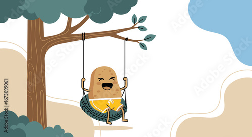 Joyful Potato Character Swinging Under a Verdant Tree in a Playful Artistic Design