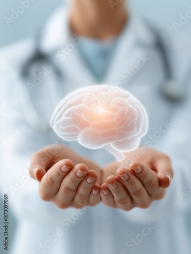 A medical professional holds a glowing representation of a brain, symbolizing care, knowledge, and the importance of mental health.