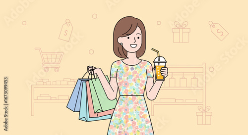Joyful Shopper Carries Shopping Bags While Enjoying Refreshing Beverage After Spending