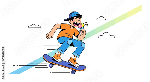 Joyful Skateboarder Enjoying Ice Cream During An Energetic Summer Day Activity