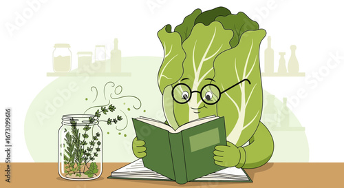 Lettuce Character Reading About Fresh Herbs, Natural Food, and Healthy Recipes