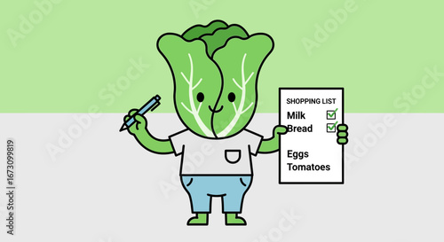 Lettuce Character With Shopping List Ready To Start The Market Trip For Grocery Essentials