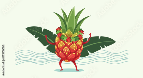 Joyful Tropical Pineapple Character Dancing Happily Near Green Leaf and Water