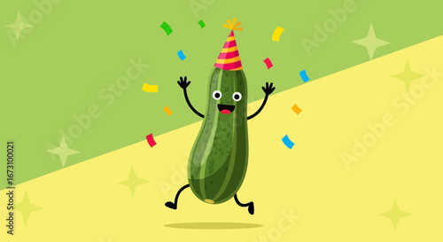 Joyful Vegetable Celebration: An Animated Zucchini Embracing Festive Revelry Vigorously