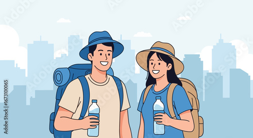 Joyful Travelers Standing In A City In The Day Light, Drinking Water, Ready to Discover