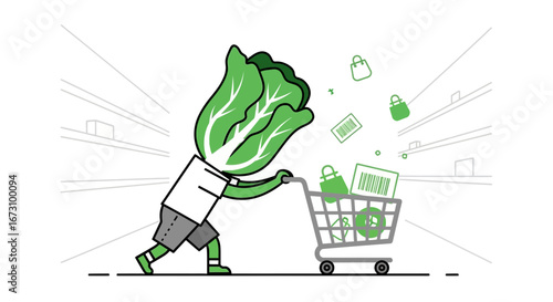 Lettuce Head Person pushing a Shopping Cart through a Grocery Store Aisle