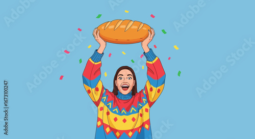 Joyful Woman Celebrating with Loaf of Bread and Colorful Confetti in the Air