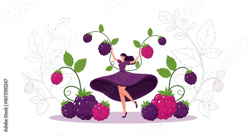 Joyful Woman Dancing Amidst Harvests of Vibrant Berries Artwork in Delightful Scene
