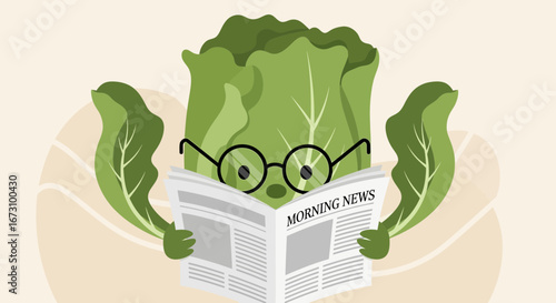 Lettuce Reading The Morning News, Animated Vegetable With Glasses, Cartoon Illustration