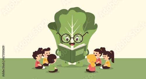 Lettuce Teacher Reading To Adorable Group of Children In Nature Garden