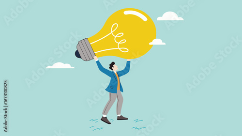 businessman bring big light bulb idea for new product idea or business opportunity, finding new idea, creativity or innovation to create new product, solution to solve problem or fix mistake concept
