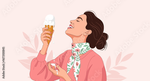Joyful Woman Relishing Delicious Ice Cream Cone In Delightful Summer Moment
