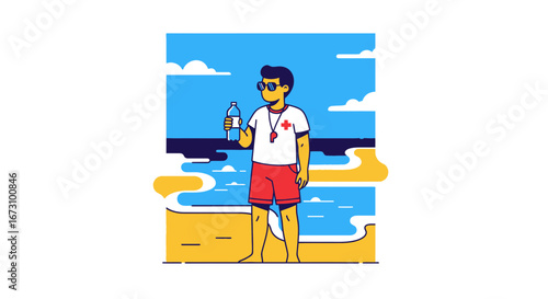 Lifeguard Standing on Beach with Water Bottle, Ready for Sun And Summer Weather