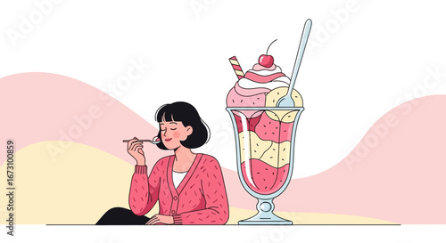 Joyful Woman Relishes Huge Sundae, Enjoying Delicious Sweet Treats in Delightful Moment