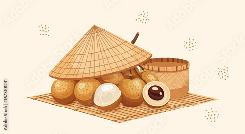 Longan Fruit Displayed Under Vietnamese Hat on Woven Mat with Traditional Basket Illustration