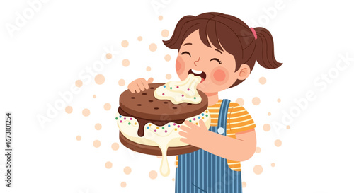 Joyful Young Girl Devouring a Delicious Ice Cream Cookie Sandwich Dessert