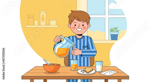 Joyful Young Man Pouring Fresh Juice at Morning Breakfast, Healthy Lifestyle Focus
